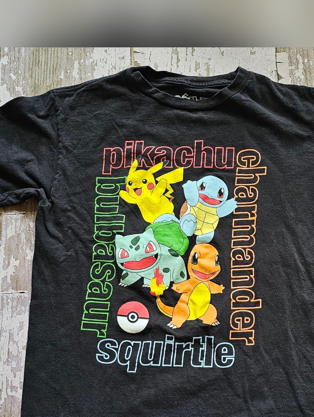 Kids Size Small Pikachu, Charmander, Bulbasaur & Squirtle Graphic Tee - Black
